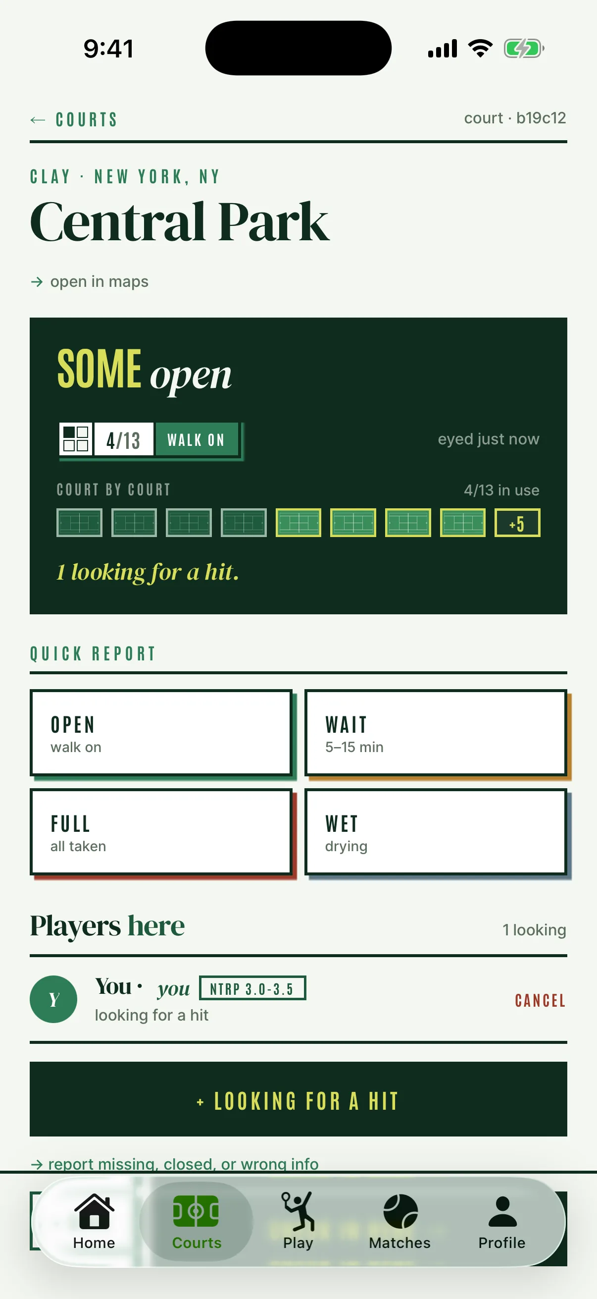 Courted app showing live court status for Mercer Park
